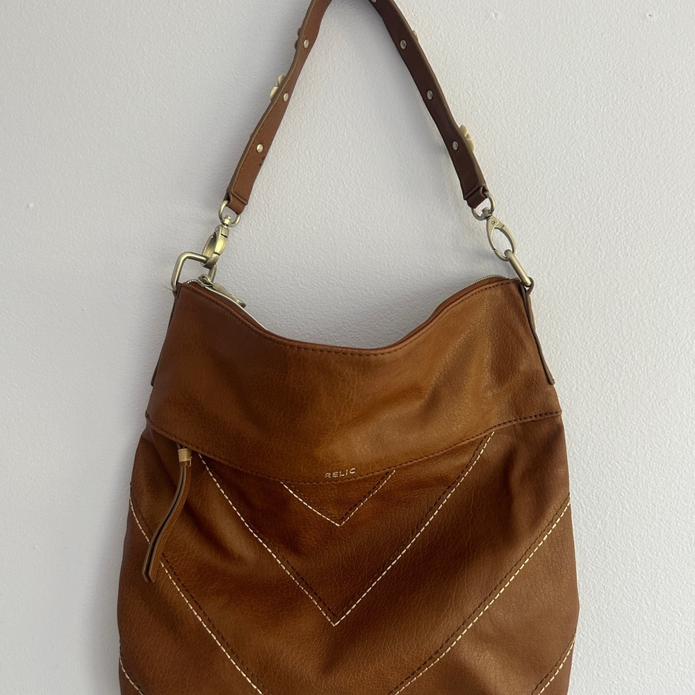 Relic Brown Faux Leather Hobo Bag with Contrast stitching flower handle